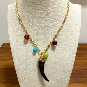 Robert Rose Signed Vintage Gold Tone Necklace with 4 Hanging Beads & Horn.